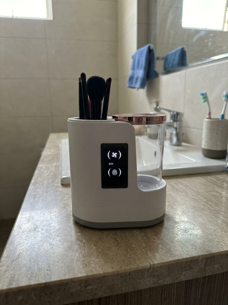 Foto do limpador de pincéis Higienix montado em um cantinho de beleza
